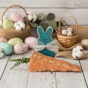 Rustic Wood Easter Bunny and Carrot Decor Set Teal Distressed Farmhouse Spring
